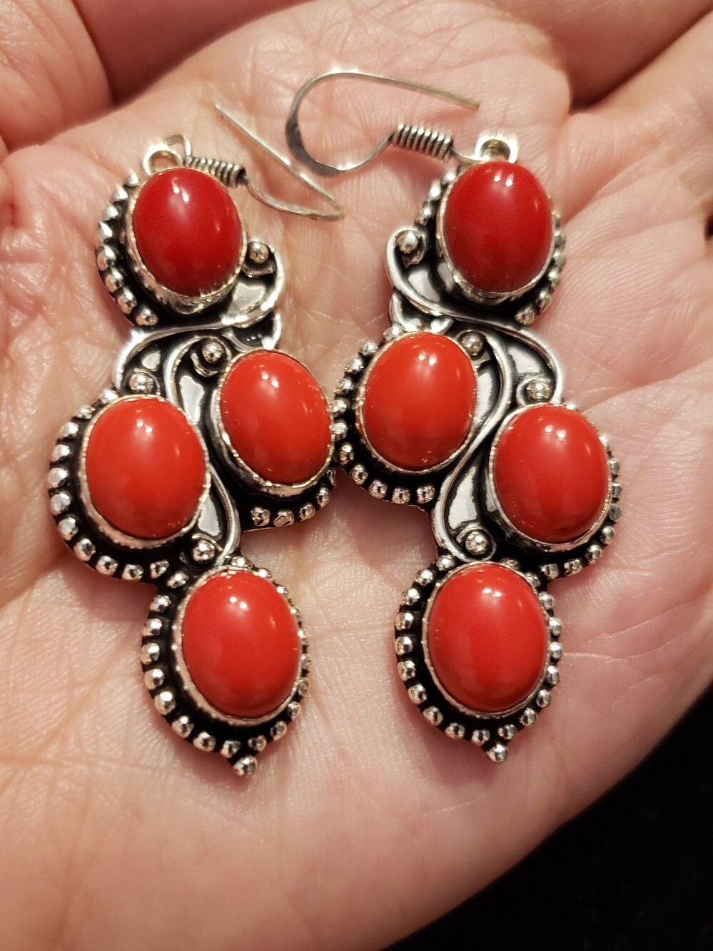 NEW Sterling Red Coral Dangle Earrings, LOTS of CORAL & Stamped Silv., Wires, 2"